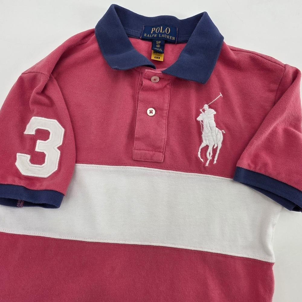 POLO RALPH LAUREN BIG PONY SHIRT KIDS SMALL 8 PINK WHITE BLUE "3" COLORBLOCK EUC